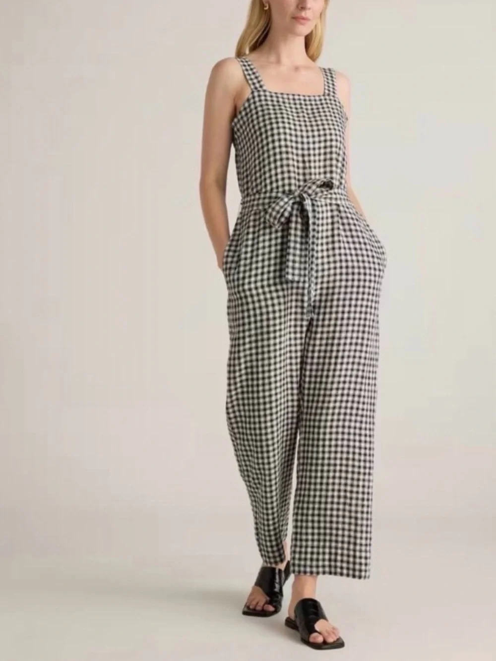 Title: Quince 100% European Linen Square Neck Gingham Jumpsuit  Size Medium